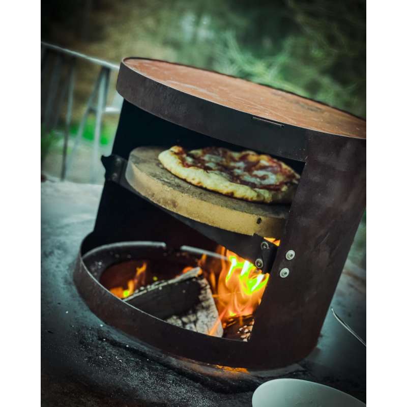DEINWERK Pizzaofen für Feuerplatte mit Smoker Funktion aus Cortenstahl mit Eichenholzgriff