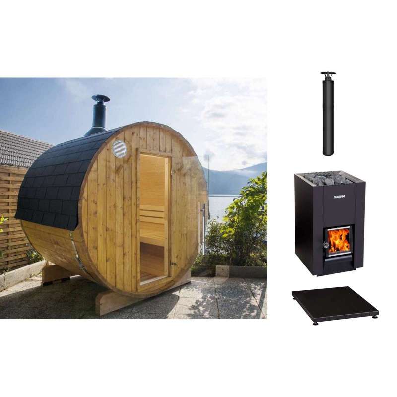 Harvia Kammi 220 Saunafass Komplett-Set mit Holzofen und Schornstein 220 x  220 cm Outdoorsauna aus Fichte 